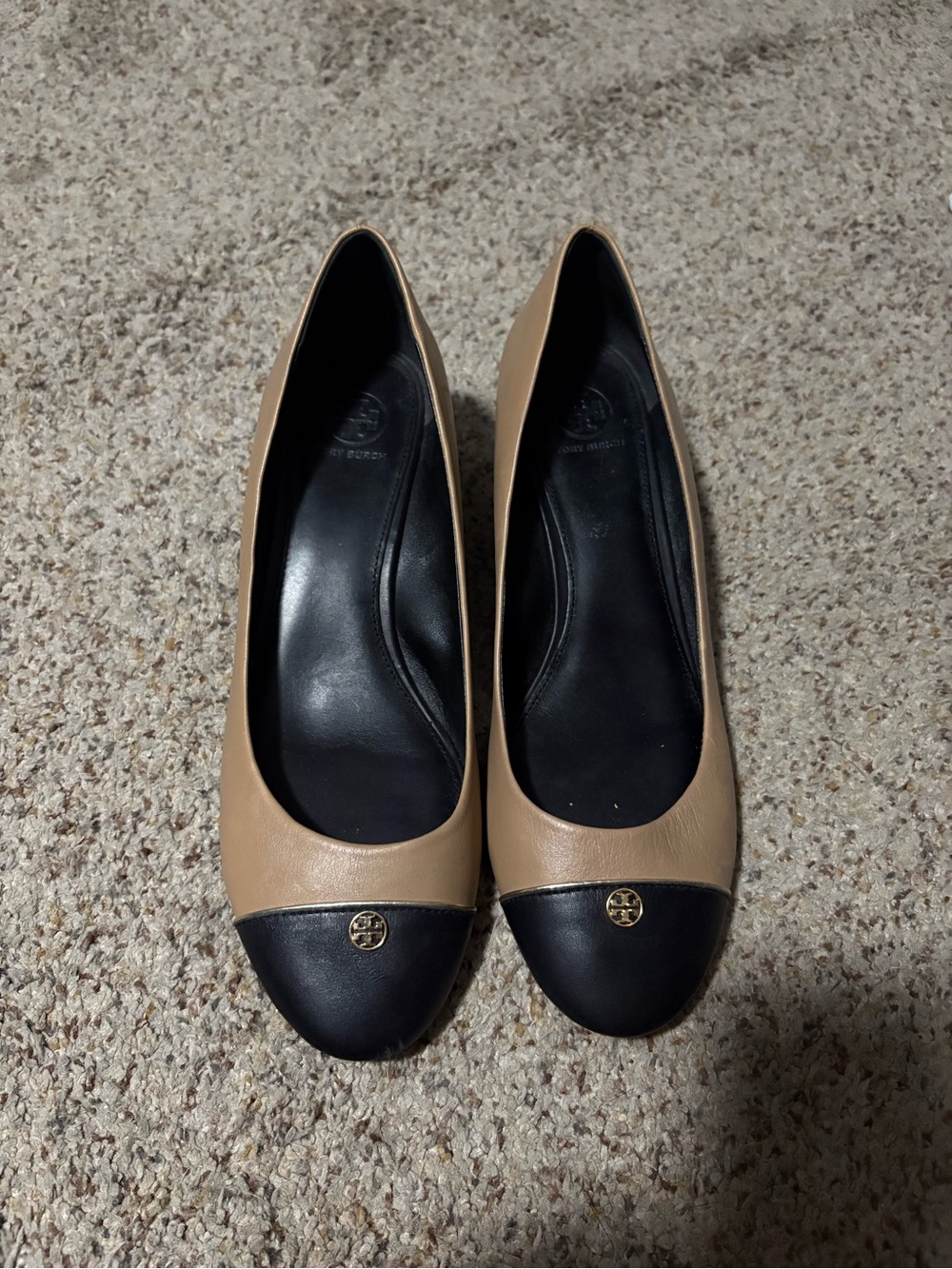 Inspired Two-Tone Cap Toe Wedge Flats in Beige and Black size 10.5